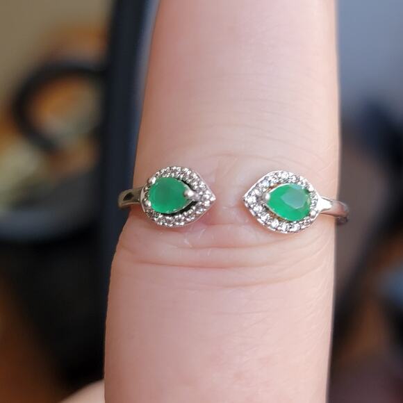 Rhodium Plated Open Design Ring with Green Simulated Gemstones - Adjustable - Picture 2 of 7